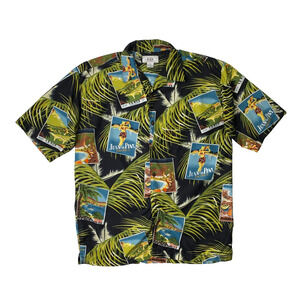 Vintage KAD Shirt Mens M Medium Black Hawaiian Postcard Floral Aloha Button Up